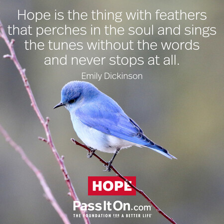 Hope is the thing with feathers that perches in the soul and sings the tunes without the words and never stops at all. #<Author:0x00007fbd58cb0788>