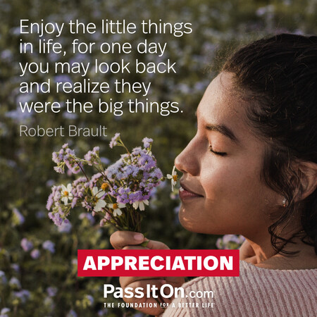 Enjoy the little things in life, for one day you may look back and realize they were the big things. #<Author:0x00007fbd58fbb2c0>