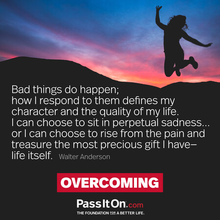Bad things do happen; how I respond to them defines my character and the quality of my life. I can choose to sit in perpetual sadness... or I can choose to rise from the pain and treasure the most precious gift I have—life itself. #<Author:0x00007fbd588c8e90>