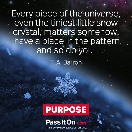 Every piece of the universe, even the tiniest little snow crystal, matters somehow. I have a place in the pattern, and so do you. #<Author:0x00007fbd5949f660>