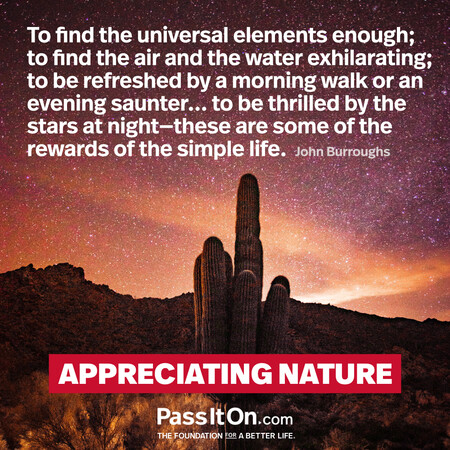 To find the universal elements enough; to find the air and the water exhilarating; to be refreshed by a morning walk or an evening saunter... to be thrilled by the stars at night—these are some of the rewards of the simple life. #<Author:0x00007fbd58a7dc18>