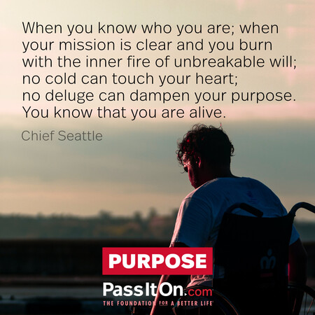 When you know who you are; when your mission is clear and you burn with the inner fire of unbreakable will; no cold can touch your heart; no deluge can dampen your purpose. You know that you are alive. #<Author:0x00007fcdfbeaba48>