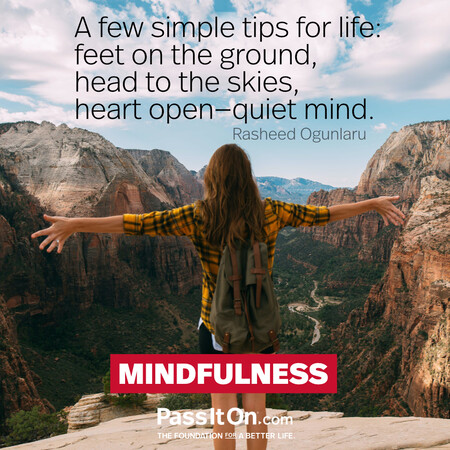 A few simple tips for life: feet on the ground, head to the skies, heart open-quiet mind. #<Author:0x00007fcdfbf28980>