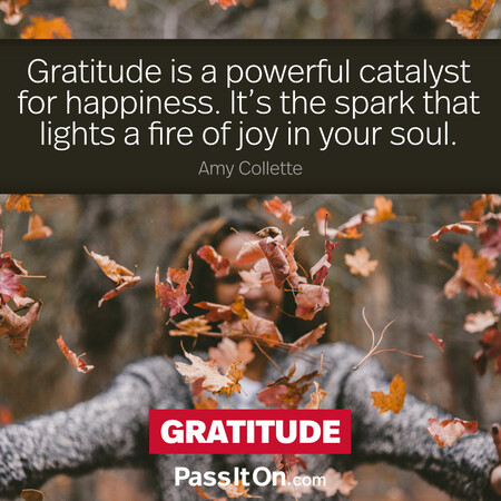 Gratitude is a powerful catalyst for happiness. It’s the spark that lights a fire of joy in your soul.  #<Author:0x00007fbd59267960>